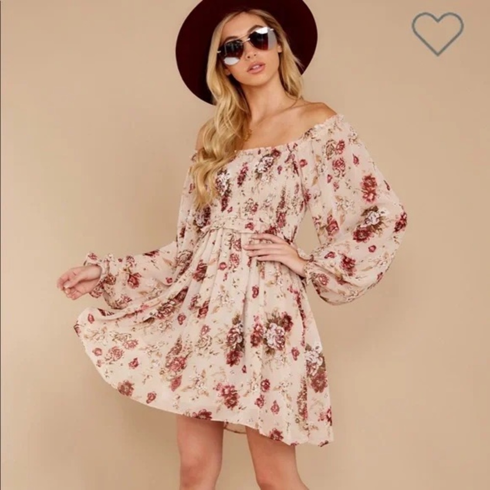 Red Dress Boutique Nude & Burgundy Floral Off The Shoulder Mini Dress
